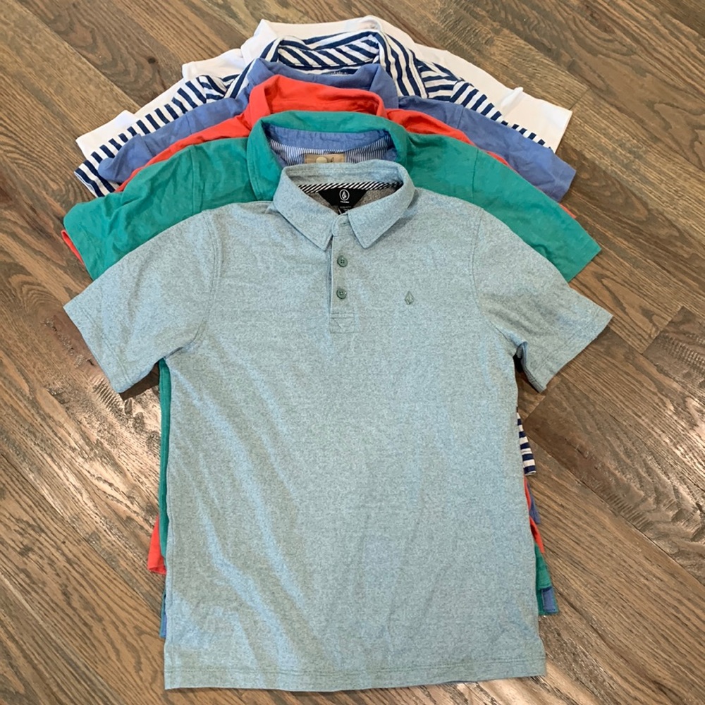 6 boys size 12 assorted designer polo shirts Vineyard Vine/Volcom/Crewcut/Peek